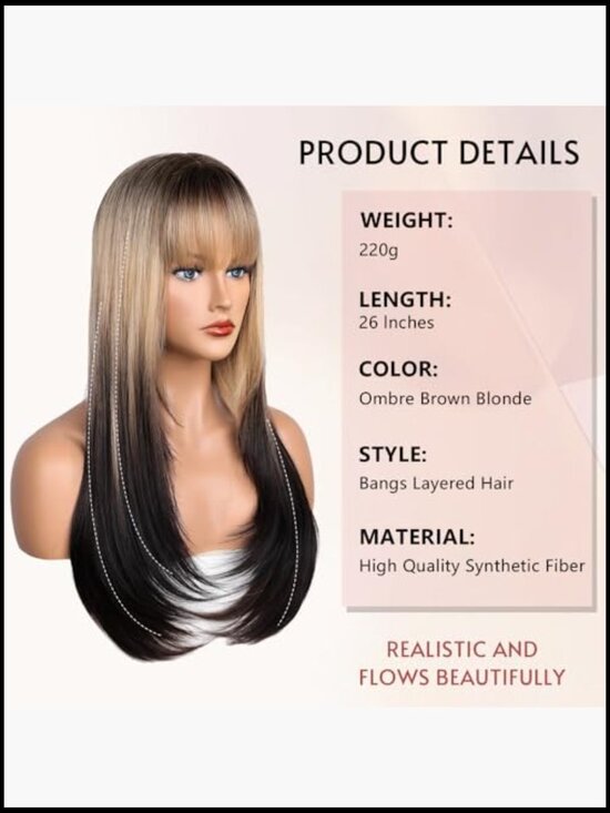 26 Inch Long Straight Wig with Bangs Heat Resistant Synthetic Hair for Party